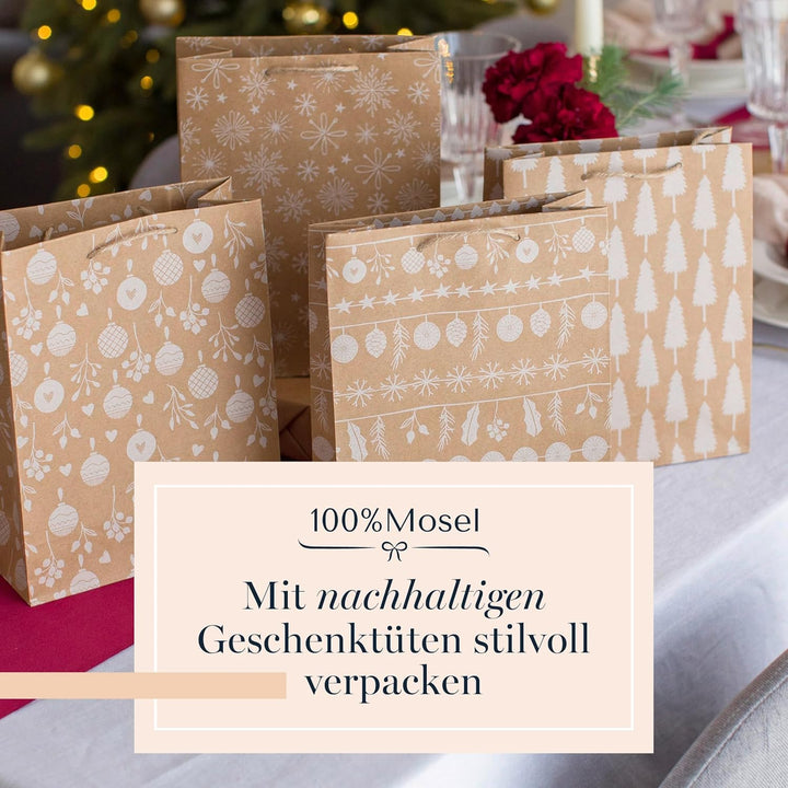 100% Mosel Geschenktüten Weihnachten, in Natur/Weiss, 12 Stück (18 x 23 x 8 cm), Weihnachtstaschen a