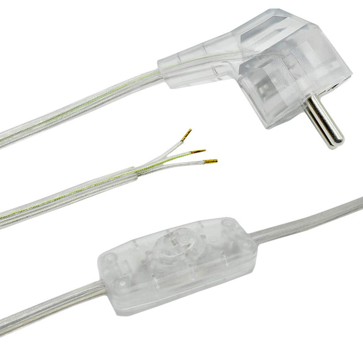 Transparente Zuleitung 2 m mit Schutzkontakt Winkelstecker und Schnurzwischenschalter AN AUS 3-adrig