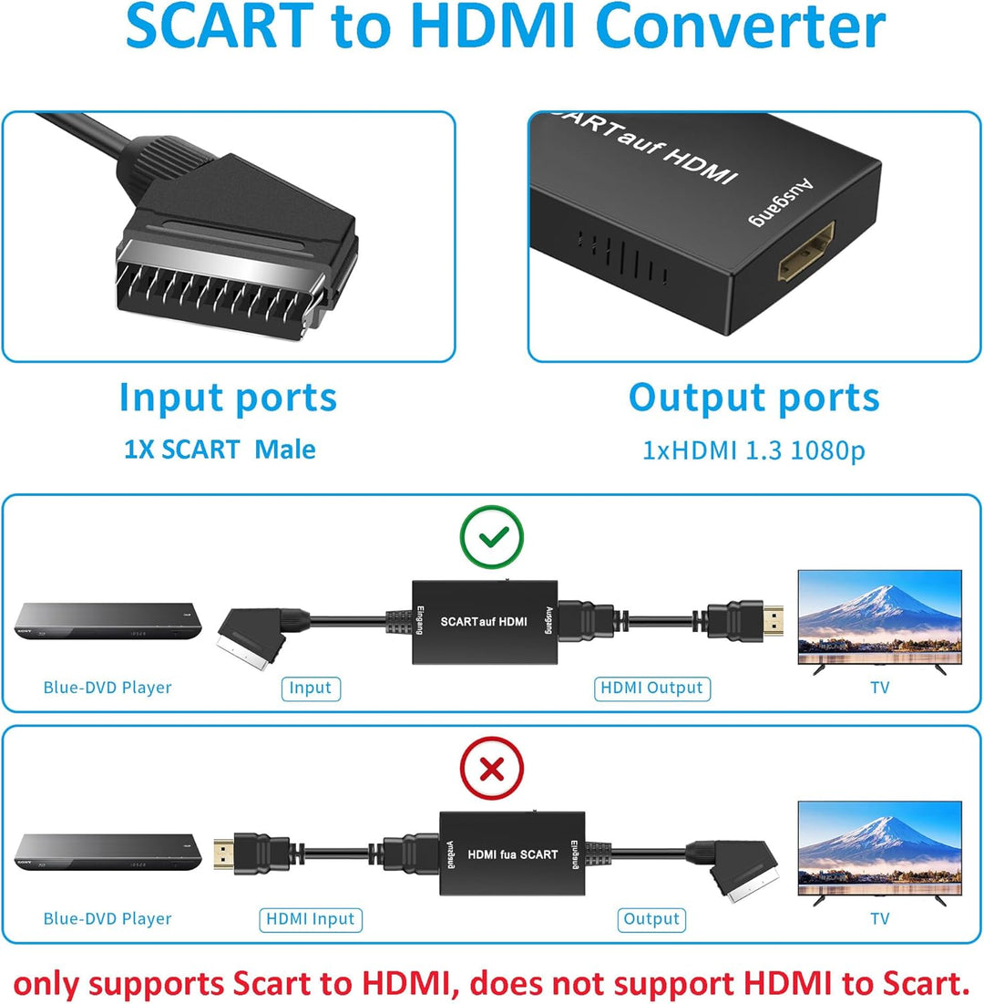 uhddadi Konverter, Scart auf HDMI Adapter Video Audio Wandler HD 1080P mit HDMI Kabel, für HDTV STB