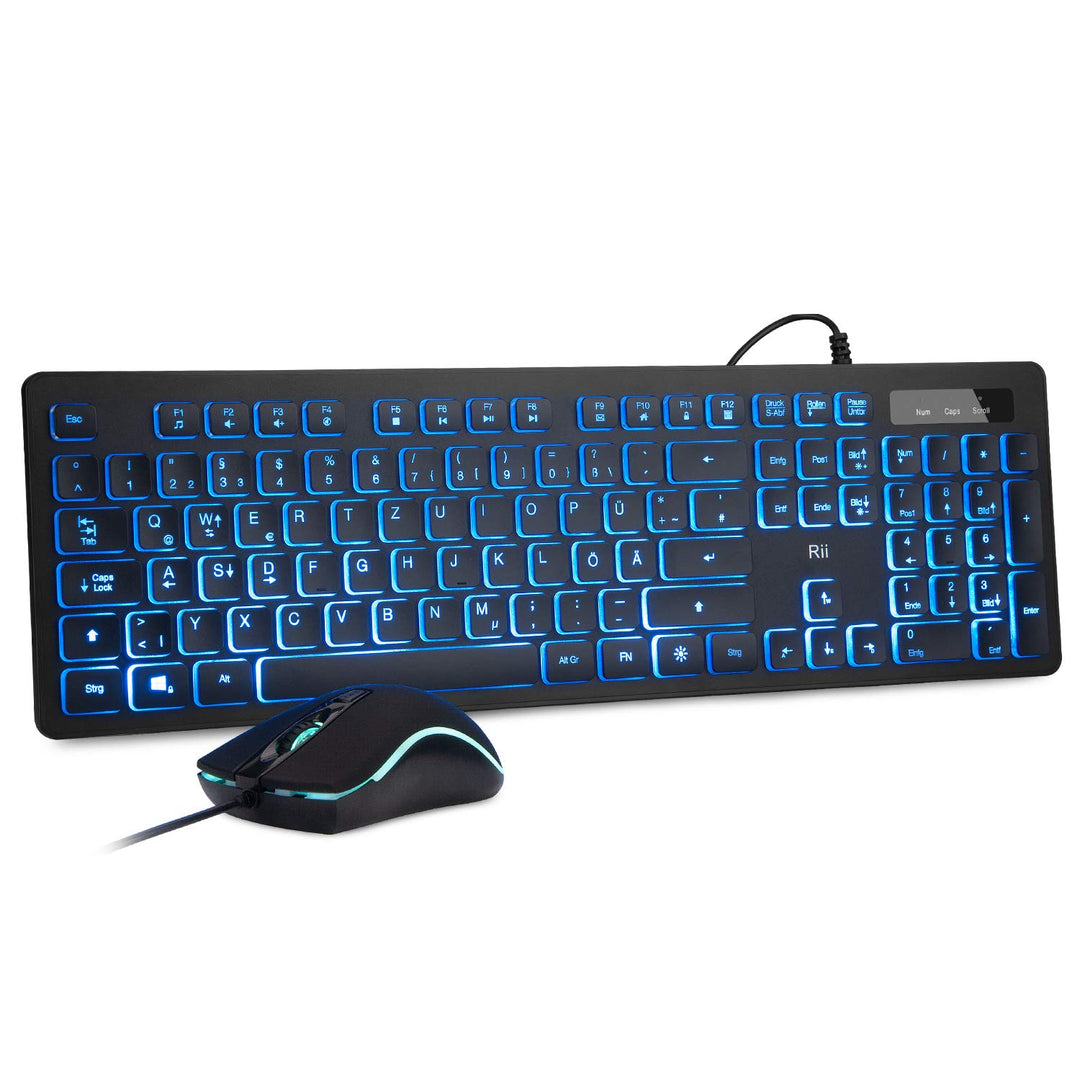 Rii Gaming Tastatur und Maus Set mit Kabel, 3 LED Hintergrundbeleuchtung QWERTZ (DE-Layout), Kabelge