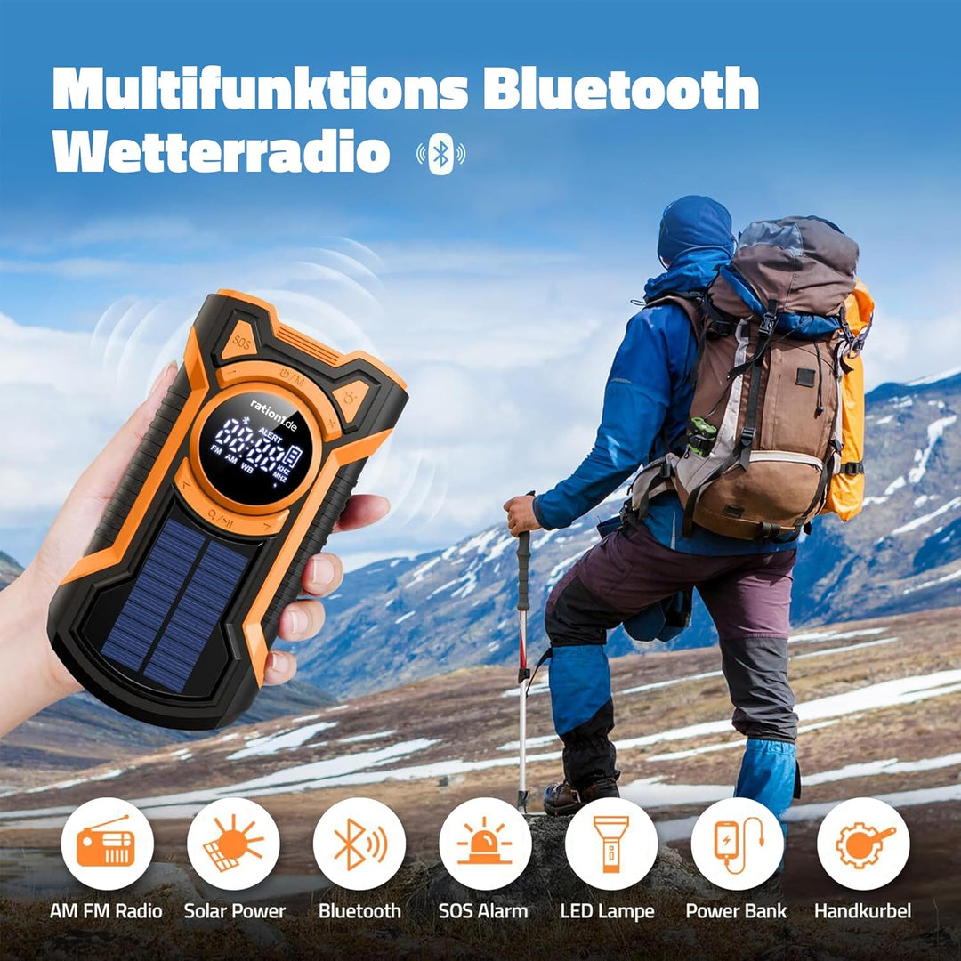 ration1 Kurbelradio mit Solar und Powerbank – Notfallradio mit 5000 mAh, Bluetooth, SOS-Alarm & LED