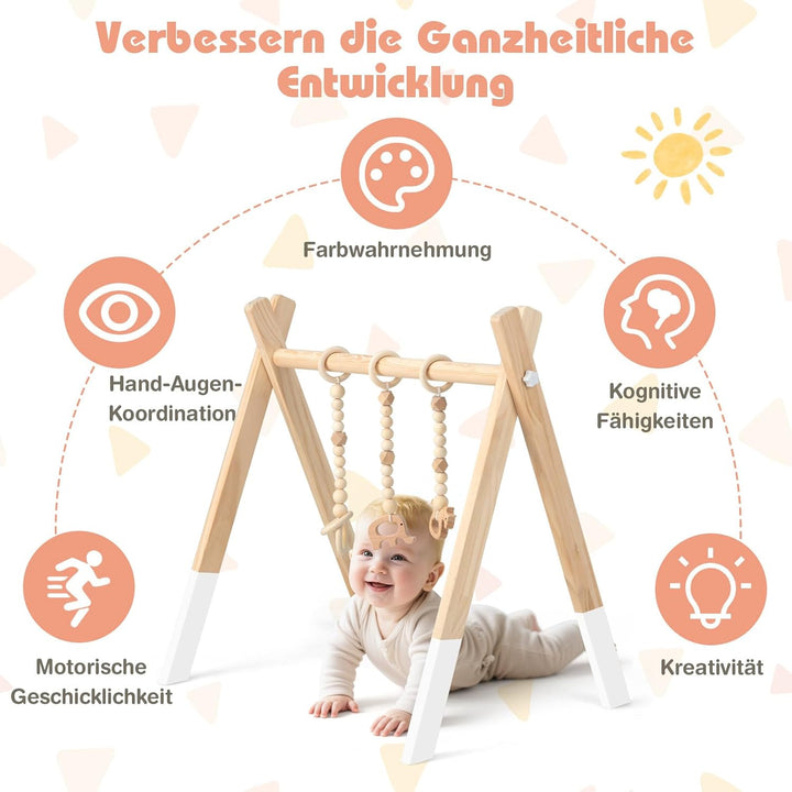 COSTWAY Baby Spielbogen Holz, Spieltrapez klappbar, Baby Gym mit 3 abnehmbaren Kinderspielzeugen, Sp