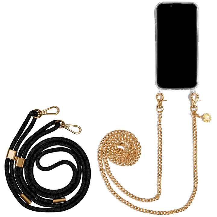 Jalouza Handykette, Kordel & Hülle Bundle kompatibel mit iPhone 13 - Gliederkette in Gold und Kordel