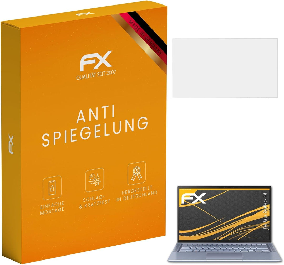 atFoliX Panzerfolie kompatibel mit Asus ZenBook 14 Schutzfolie, entspiegelnde und stossdämpfende FX