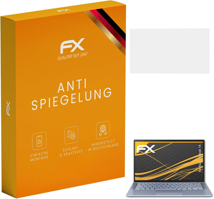 atFoliX Panzerfolie kompatibel mit Asus ZenBook 14 Schutzfolie, entspiegelnde und stossdämpfende FX