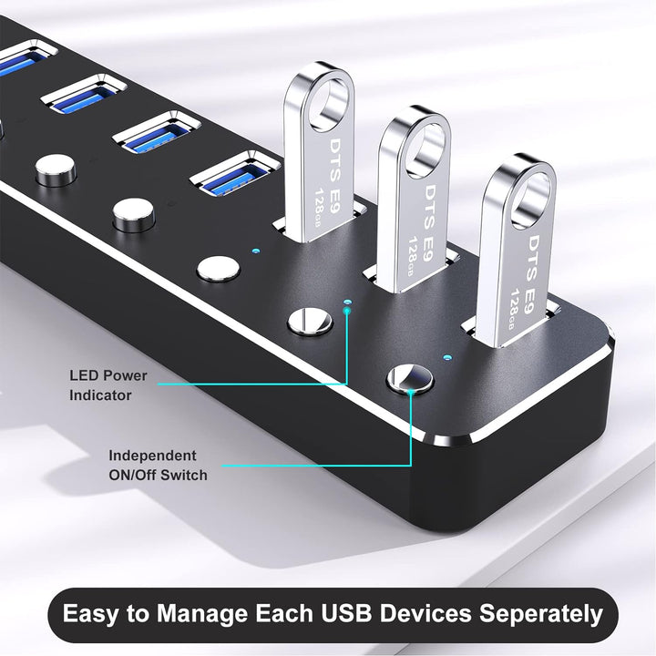 USB Hub 3.0, VKUSRA 7 Port USB Hub Aktiv 3.0 mit 5V/3A Netzteil und Langes Kabel 120cm, Aluminium US