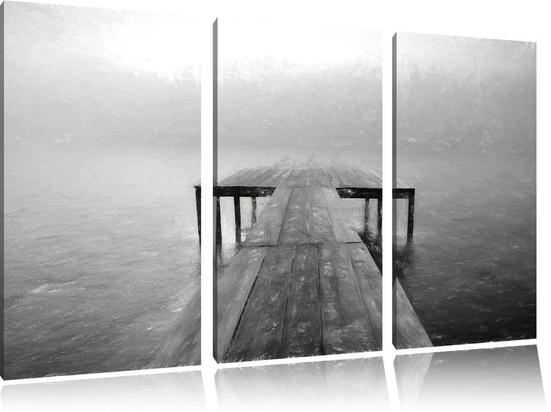 Pixxprint Steg am See im Nebel Kohle Effekt 3-Teiler Leinwandbild 120x80 Bild auf Leinwand