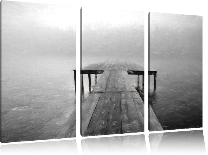 Pixxprint Steg am See im Nebel Kohle Effekt 3-Teiler Leinwandbild 120x80 Bild auf Leinwand