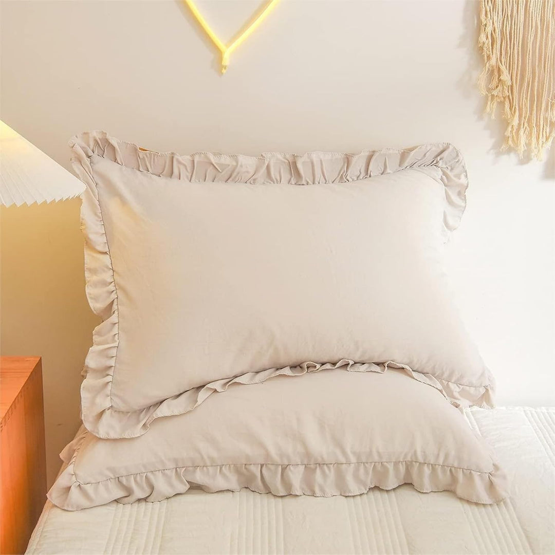 Freyamy Bettwäsche 155x220cm 2teilig Beige Rüschen Romantisch Mädchen Bettwäsche Uni Plisseefalten C