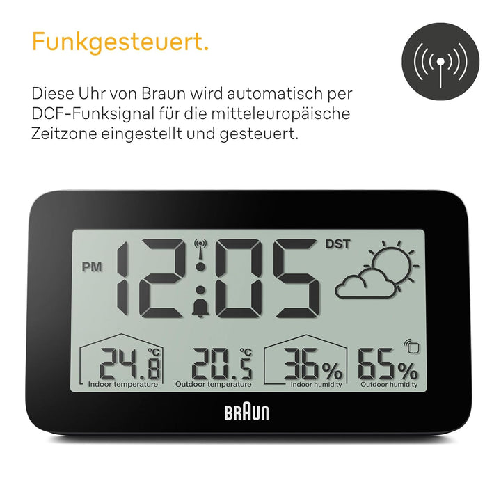 Braun Digitale Wetterstationsfunkuhr für die mitteleuropäische Zeitzone (DCF) mit Anzeige von Innen-