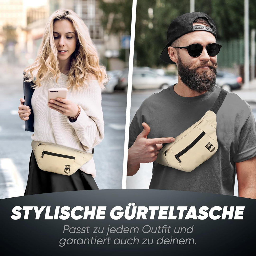 RUVO® Bauchtasche Herren und Damen | stylische Gürteltasche für maximalen Stauraum | 4 Fächer jeweil