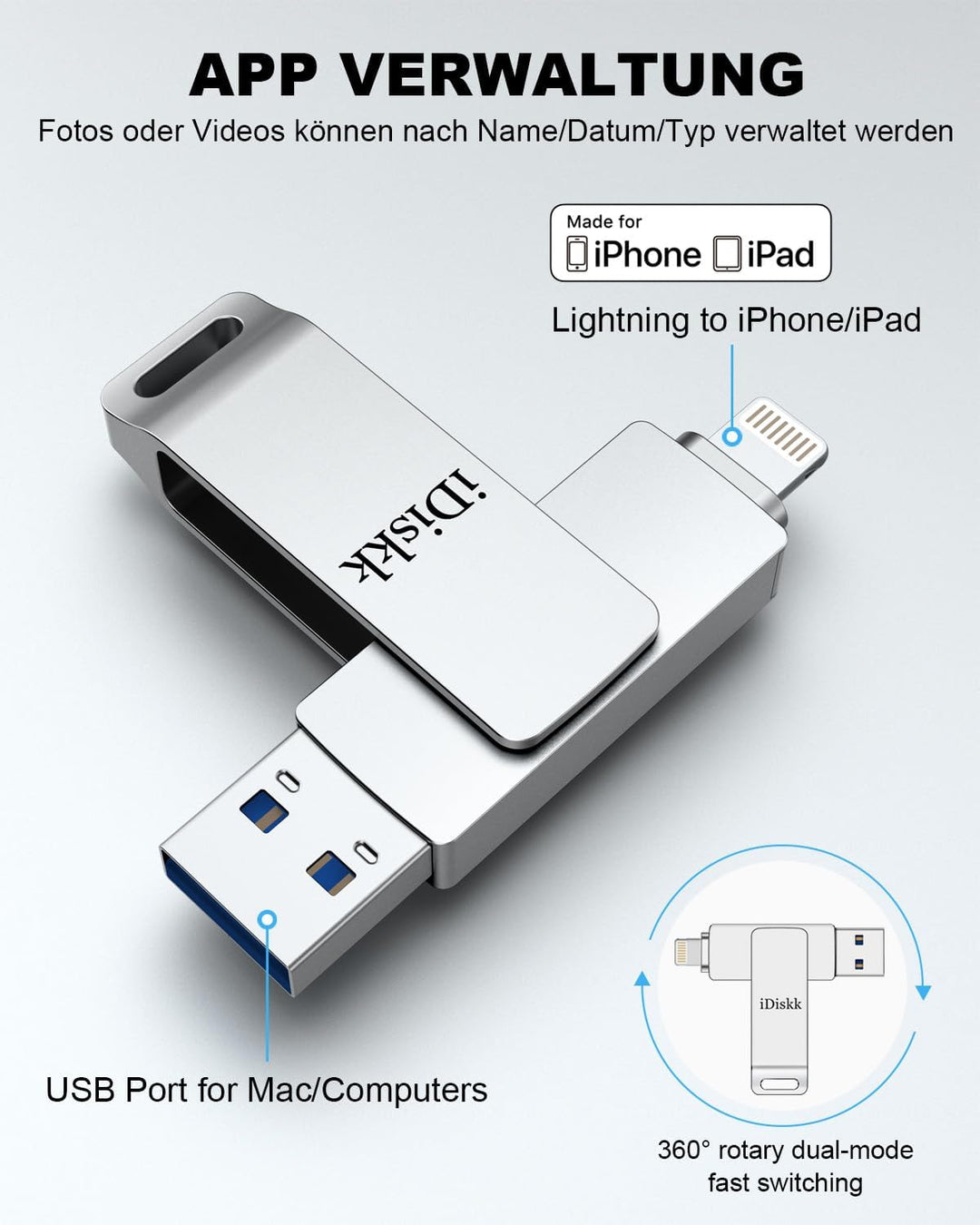 iDiskk MFi-zertifizierter 64GB Lightning-USB-Foto-Stick Speicher weiterung Sicherung Flash-Laufwerk
