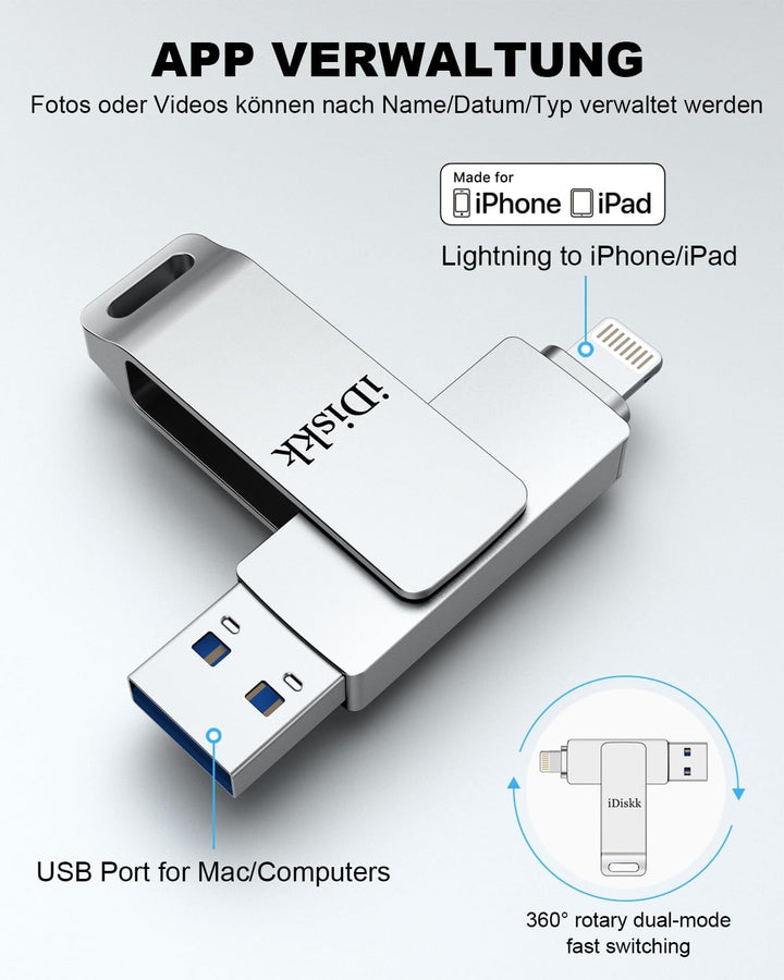 iDiskk MFi-zertifizierter 64GB Lightning-USB-Foto-Stick Speicher weiterung Sicherung Flash-Laufwerk