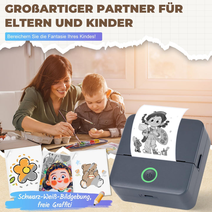 PRAOAHEI Mini Drucker, Tragbarer Thermodrucker mit 10 Rollen Druckerpapier | Bluetooth Etikettendruc