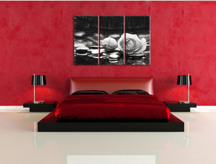 Pixxprint Rosen aus Zen-Steinen Kohle Effekt 3-Teiler Leinwandbild 120x80 Bild auf Leinwand