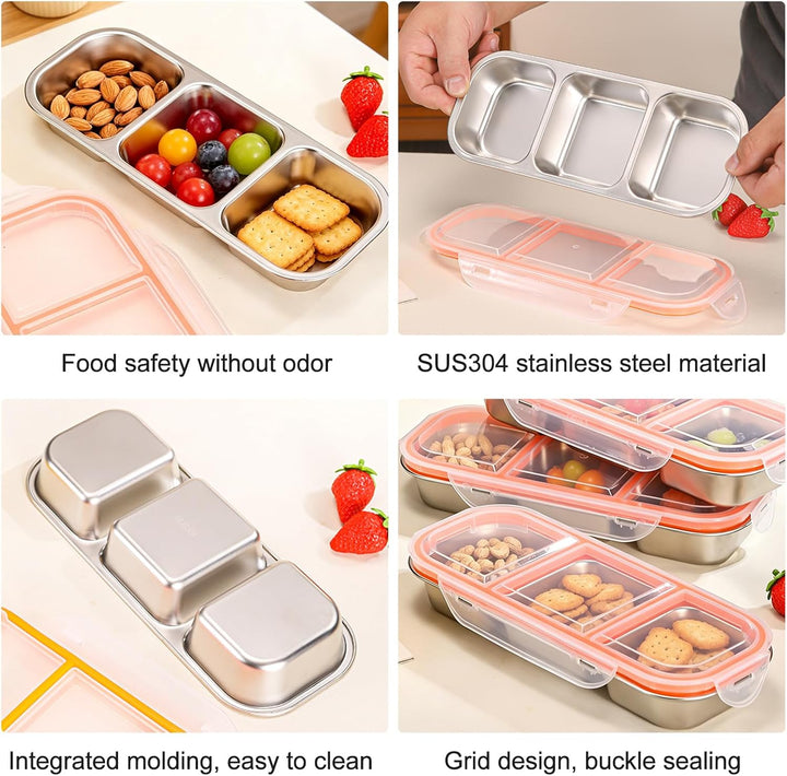 BYZESTY Snackbox mit 3 Fächern, 4er Set Edelstahl Snackbox, Snackbox mit Fächern, Auslaufsicher Snac