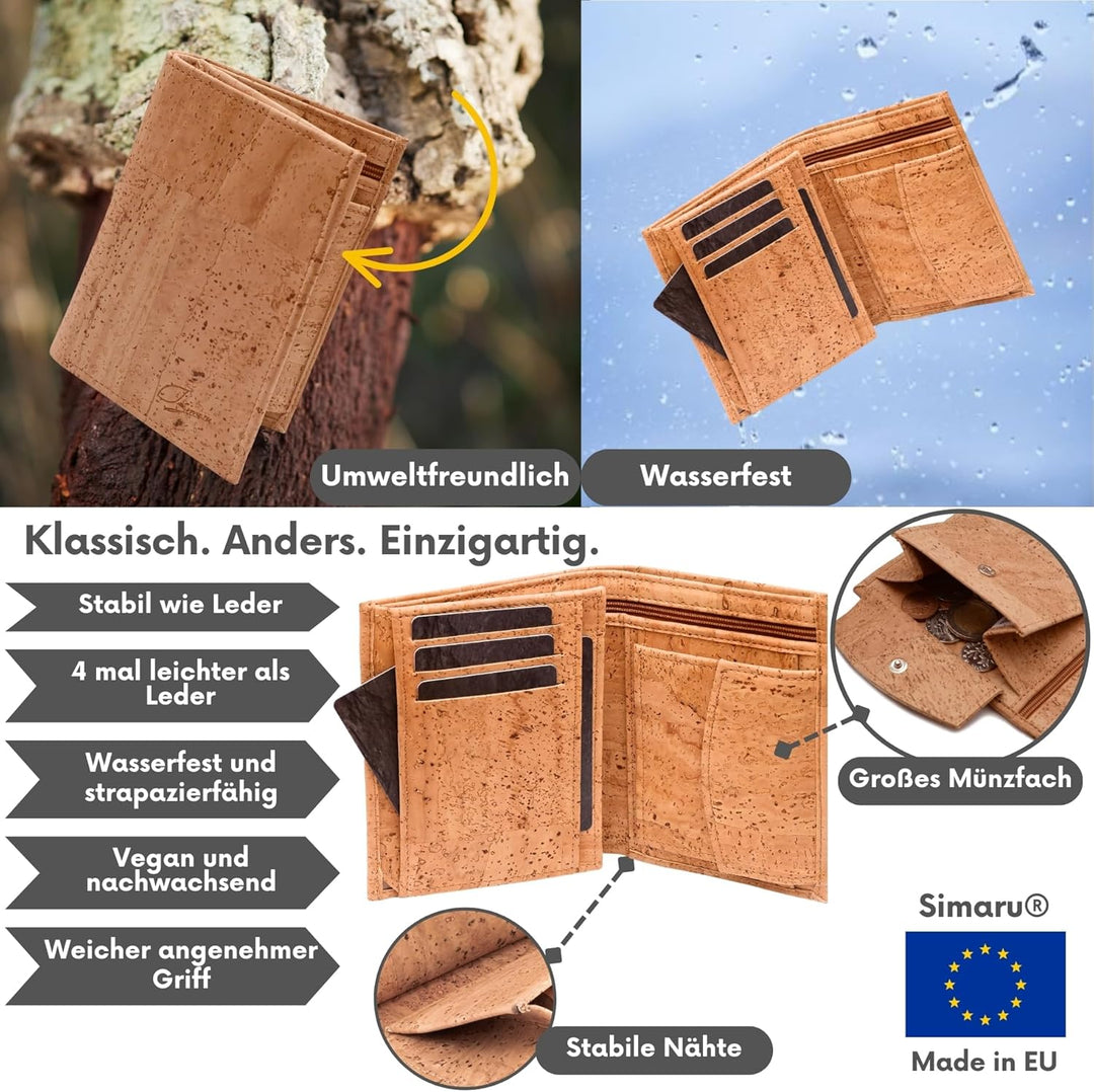 SIMARU Geldbeutel Geldbörse Portmonee Portemonnaie Vegan aus Kork mit RFID Schutz, nachhaltige Leder