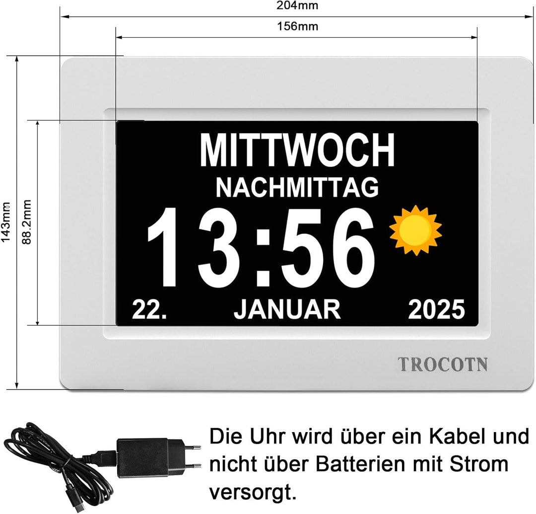 TROCOTN 7 Zoll Digitaluhr Tagesuhr Grosses Display Wecker Wanduhr (weiss) 7 Zoll Weiss, 7 Zoll Weiss