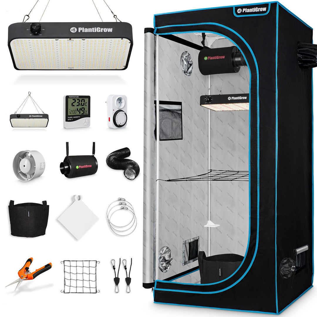 Growbox Komplettset – Indoor Gewächshaus mit 150W Vollspektrum LED Lampe (Dimmbar), 1680D, Carbon-Fi