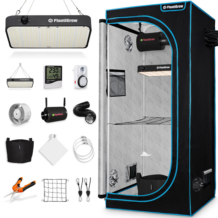 Growbox Komplettset – Indoor Gewächshaus mit 150W Vollspektrum LED Lampe (Dimmbar), 1680D, Carbon-Fi