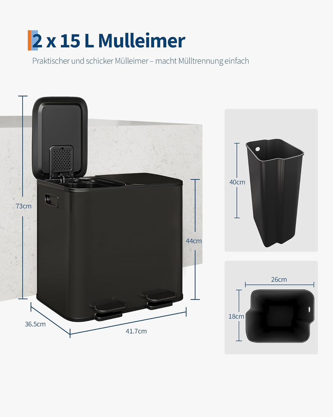 Mülleimer Küche 2 x 15 L aus Edelstahl, 2 Fächer Treteimer mit Softclose-Deckel, Abfalleimer mit Rut