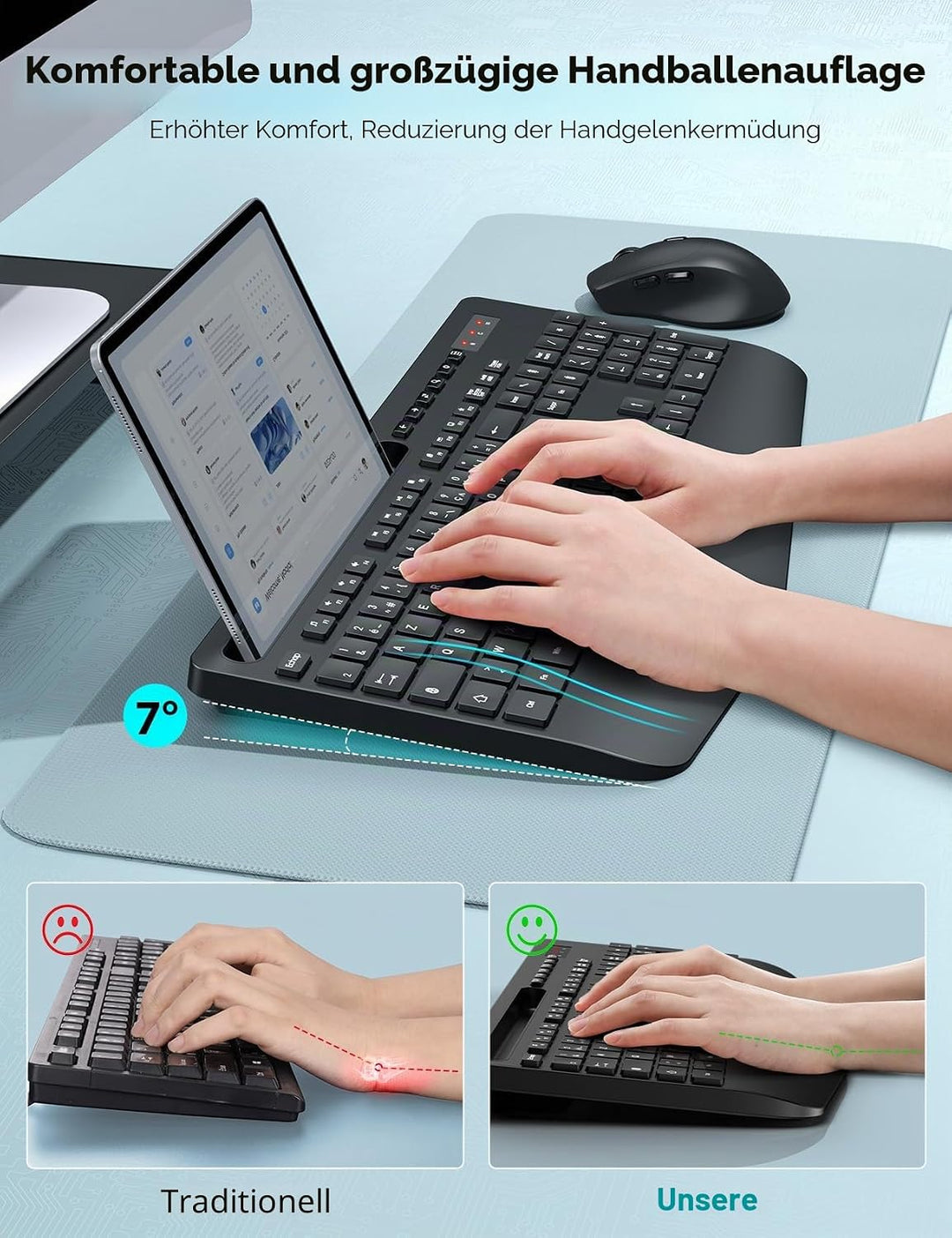 Tastatur Maus Set Kabellos, Ergonomische Tastatur in Voller Grösse mit Handgelenkauflage, Telefonhal