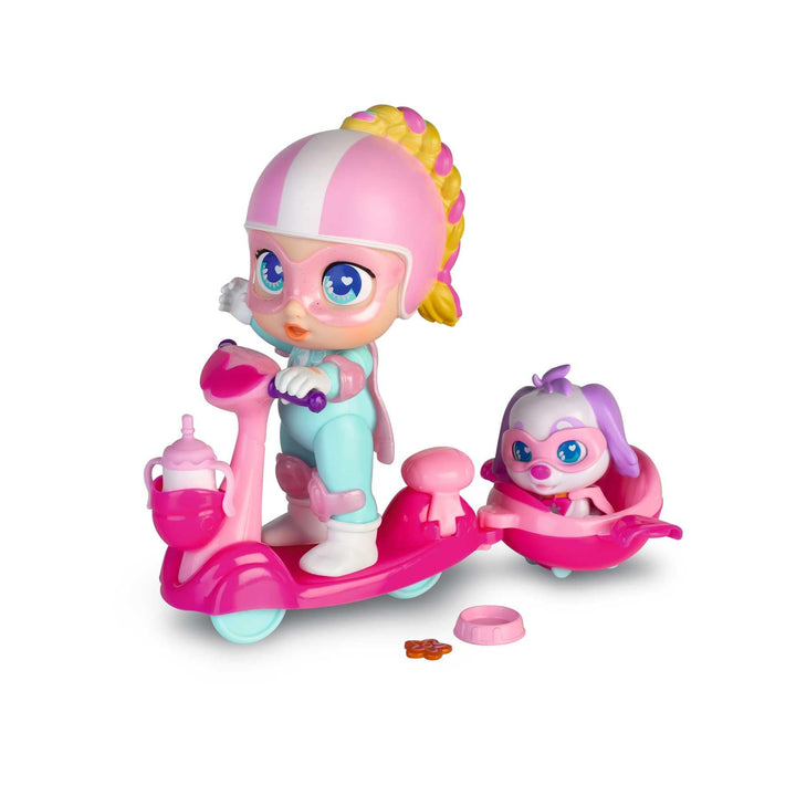 Super Cute Mini Doll Regi mit Scooter, sofort spielbereites Set. Puppenroller mit freidrehenden Räde