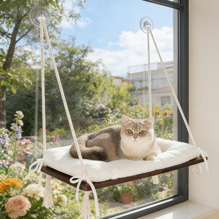 CheerPals Katzenhängematte Fenster aus Massivholz, Höhenverstellbare Fensterliege für Katzen mit Wei