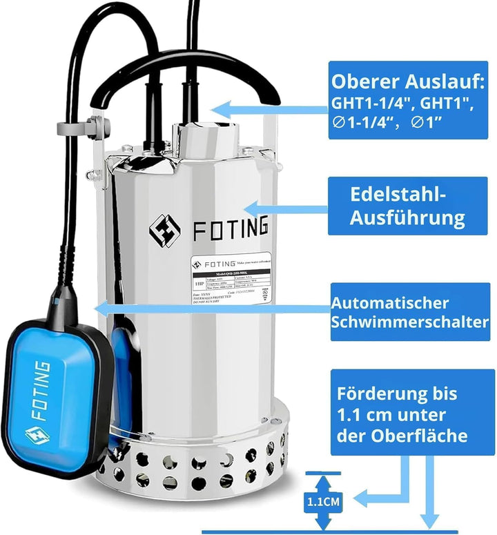 FOTING Edelstahl Tauchpumpe 900 W, 13.000 l/h, Förderhöhe bis 9 m, Eintauchtiefe bis 7 m, mit Schwim