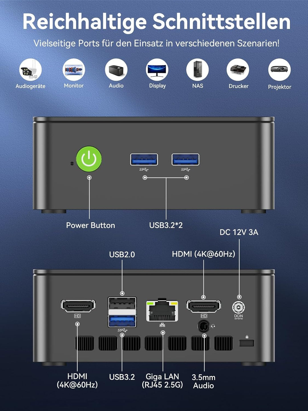 GMKtec Mini-PC Computer N95 (Turbo 3,4 GHz) 16 GB DDR4 512 GB SSD Desktop-Computer 4K Dual HDMI Disp