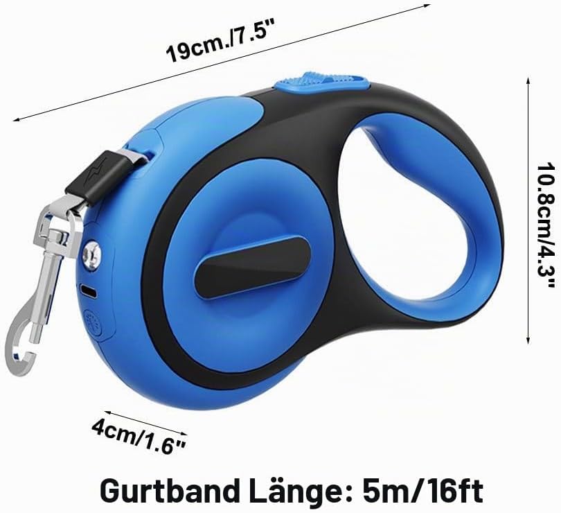 Hundeleine 5m, Einziehbar Hunde Rollleine mit LED Licht, Ausziehleine mit Schnellbremsknopf für Trai