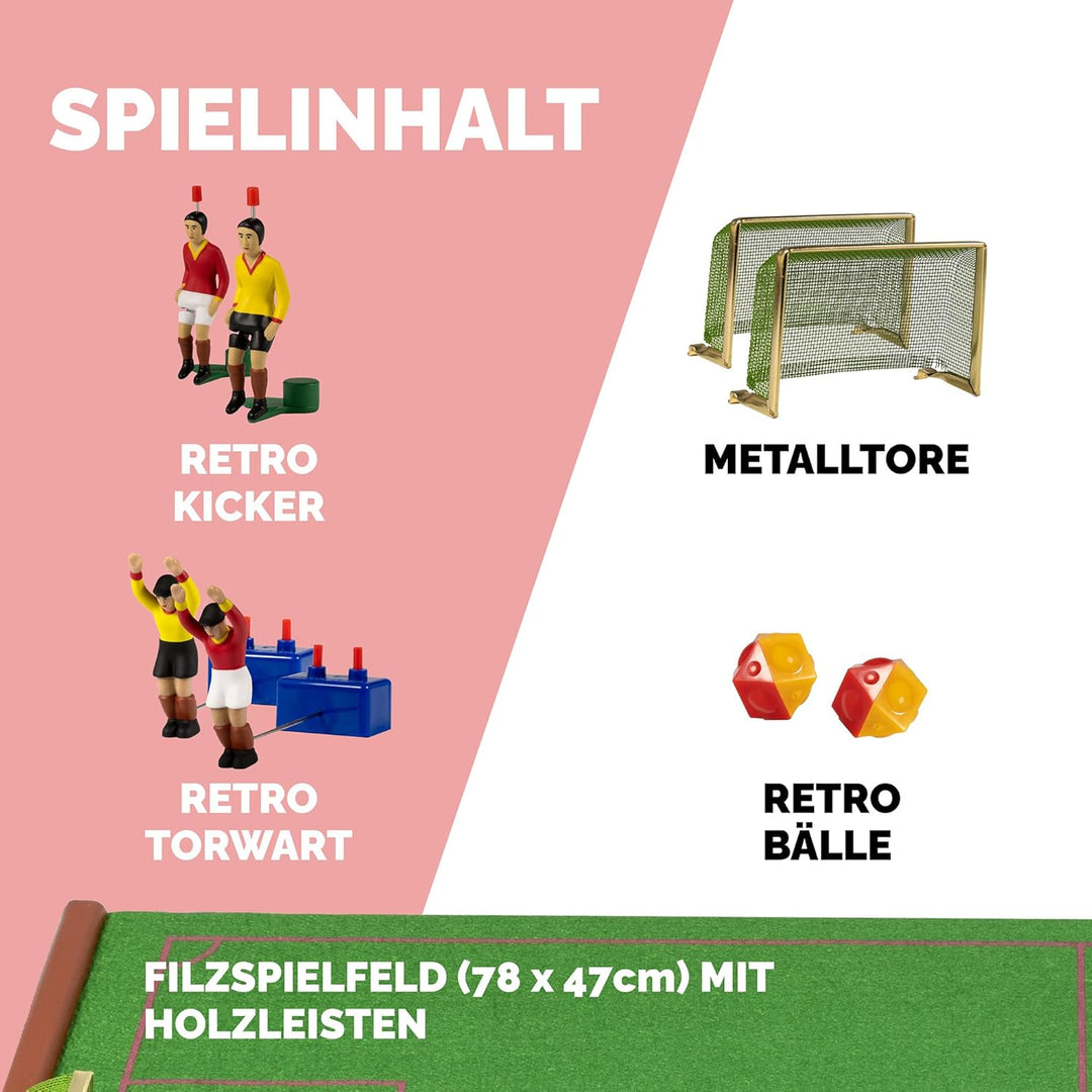 TIPP-KICK Retro 80x47 cm – Das spielfertige Set mit 2X Spieler, 2X Torwart, 2X Metall-Tor, 2X Ball I