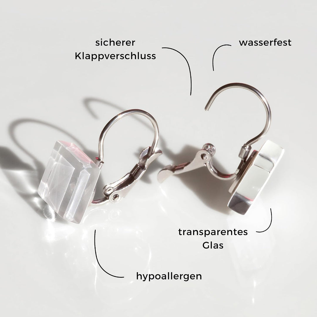 ALEXASCHA® Edelstahlohrringe hängend mit quadratischen Glassteinen • Kurze Ohrhänger mit Klappversch
