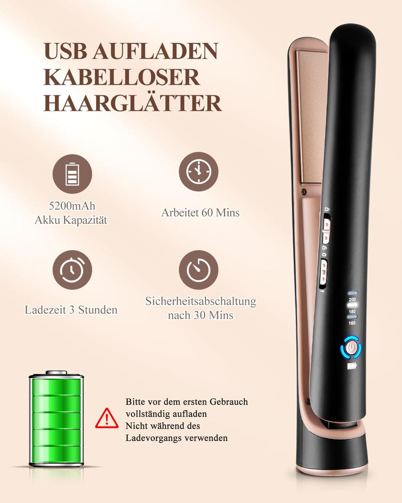 CkeyiN Kabellos Glätteisen,Akku-Haarglätter,2 in 1 Haarglätter und Lockenwickler,Klein,Keramik,USB f