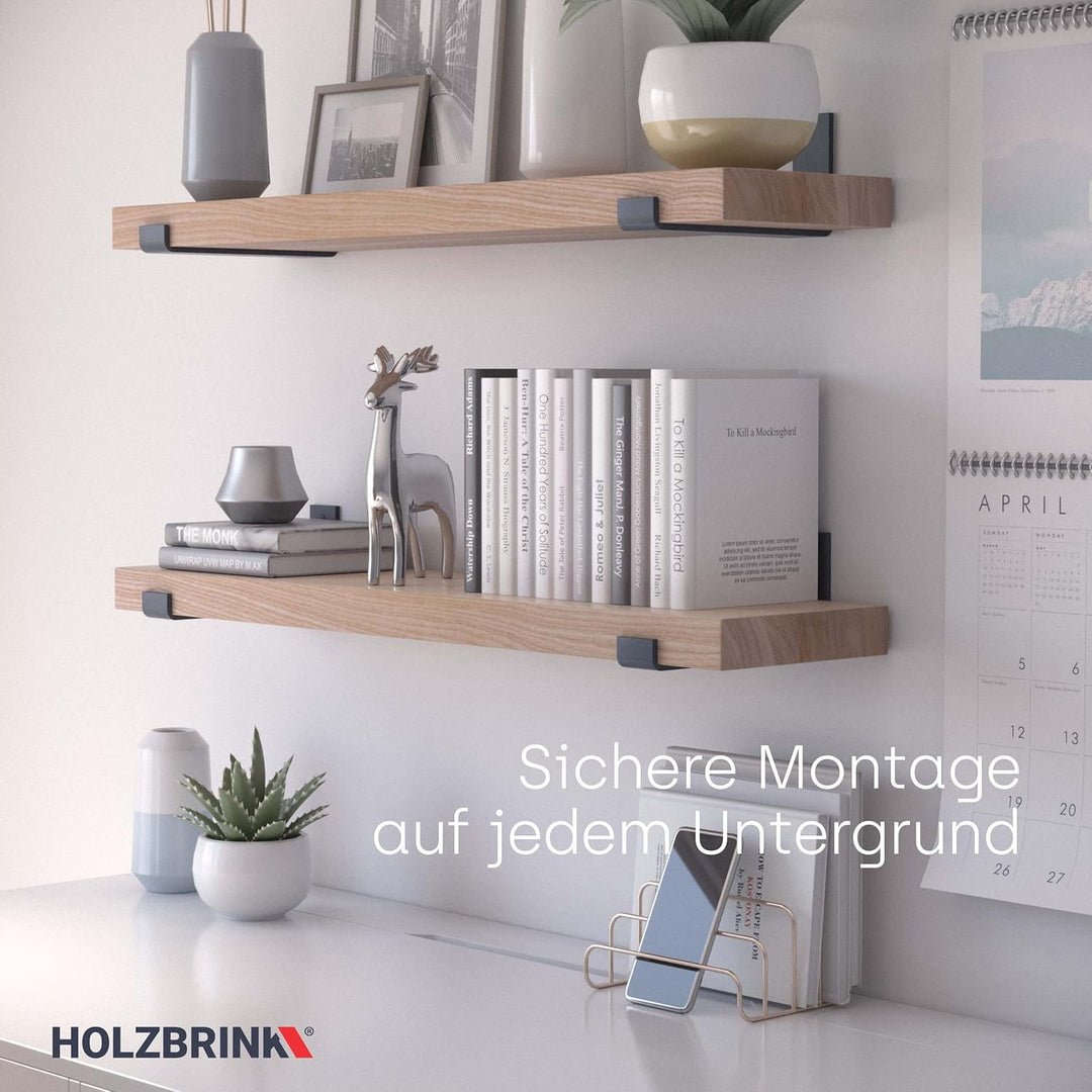 HOLZBRINK Metall Regalträger Regalhalter für Wandregal, Wandhalterung grau 200mm, 2 Stück, HLR-J-200