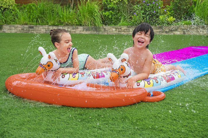 Bestway H2OGO!™ 2er-Wasserrutsche mit aufblasbaren Lama-Schwimmtieren, 487 x 138 cm