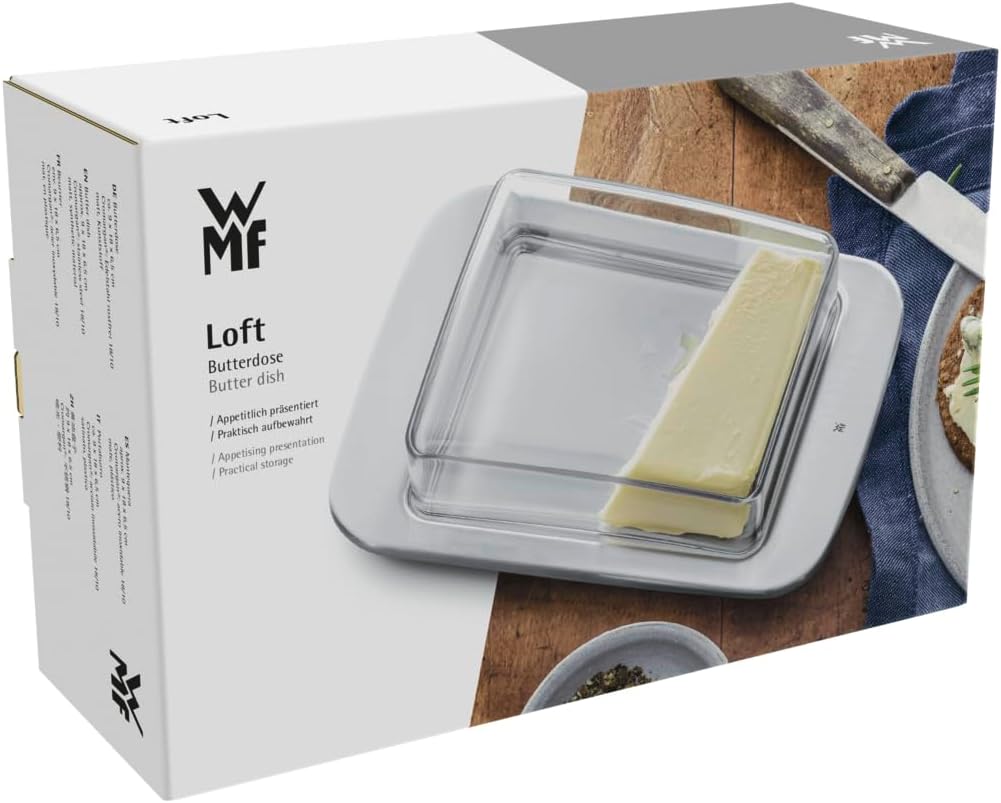 WMF loft Brunch Butterdose Edelstahl 11,5 x 16,8 cm, mit Kunststoffhaube, Cromargan Edelstahl mattie