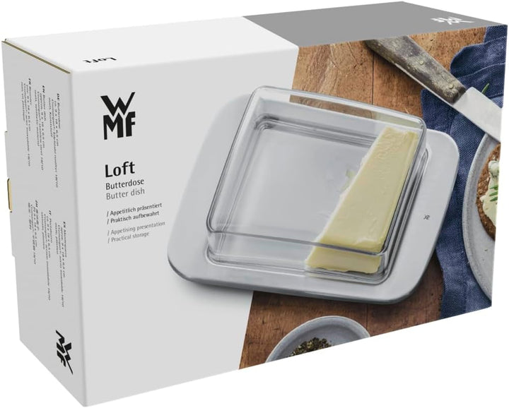 WMF loft Brunch Butterdose Edelstahl 11,5 x 16,8 cm, mit Kunststoffhaube, Cromargan Edelstahl mattie