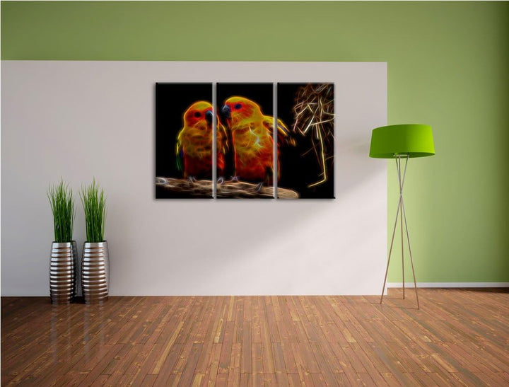 Dark zwei farbenfrohe Sonnensittiche NewArt 3-Teiler Leinwandbild 120x80 Bild auf Leinwand, XXL ries