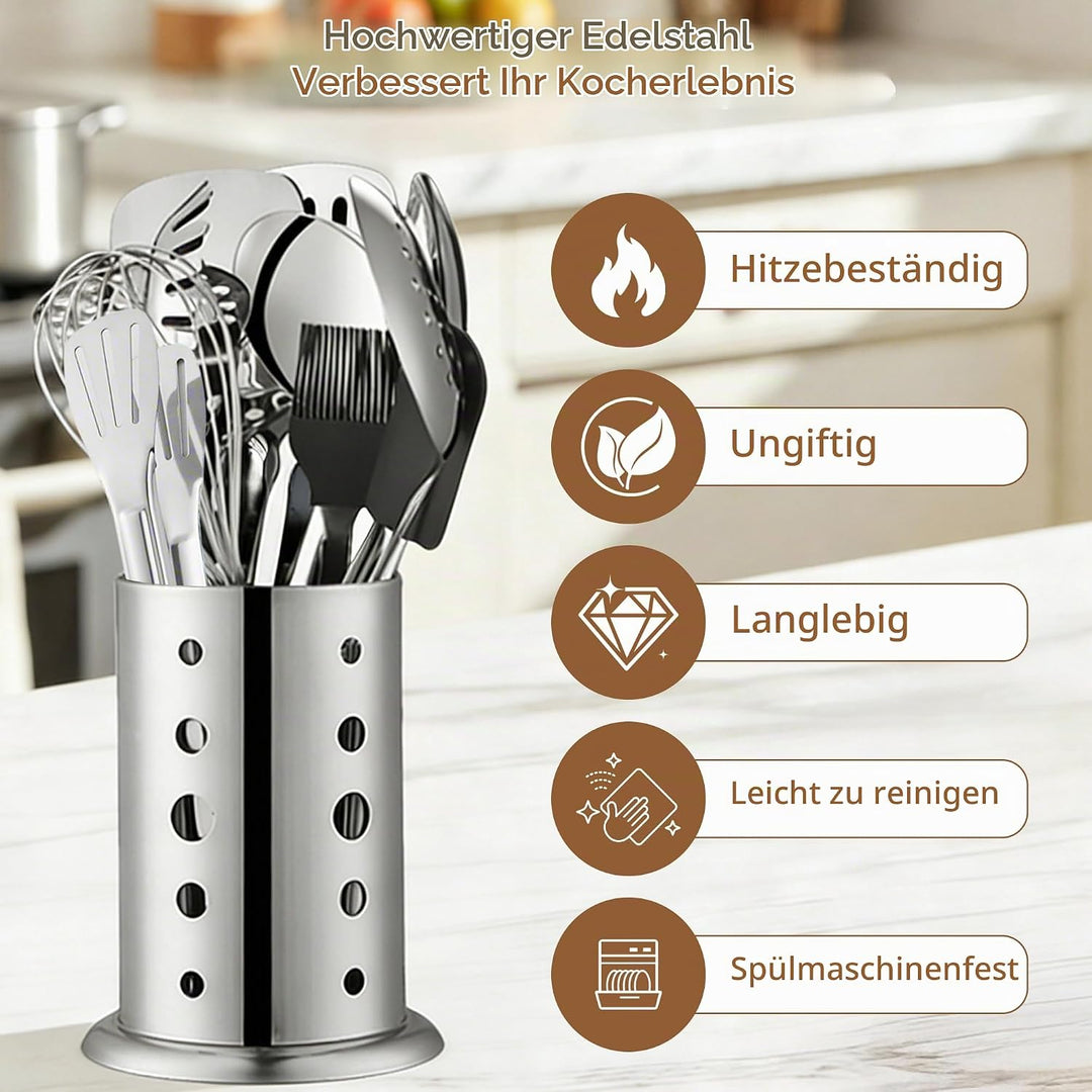 18teilig, Edelstahl Kochutensilien Set, mit Pfannenwender Suppenkelle Schaufel Schlitzwender Sieb Fl