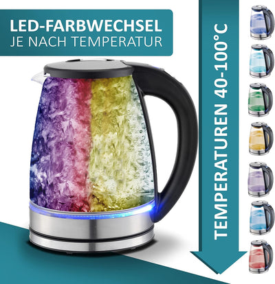 Glas Wasserkocher 1,8 Liter | 2200 Watt | Edelstahl mit Temperaturwahl | Teekocher | 100% BPA FREI |