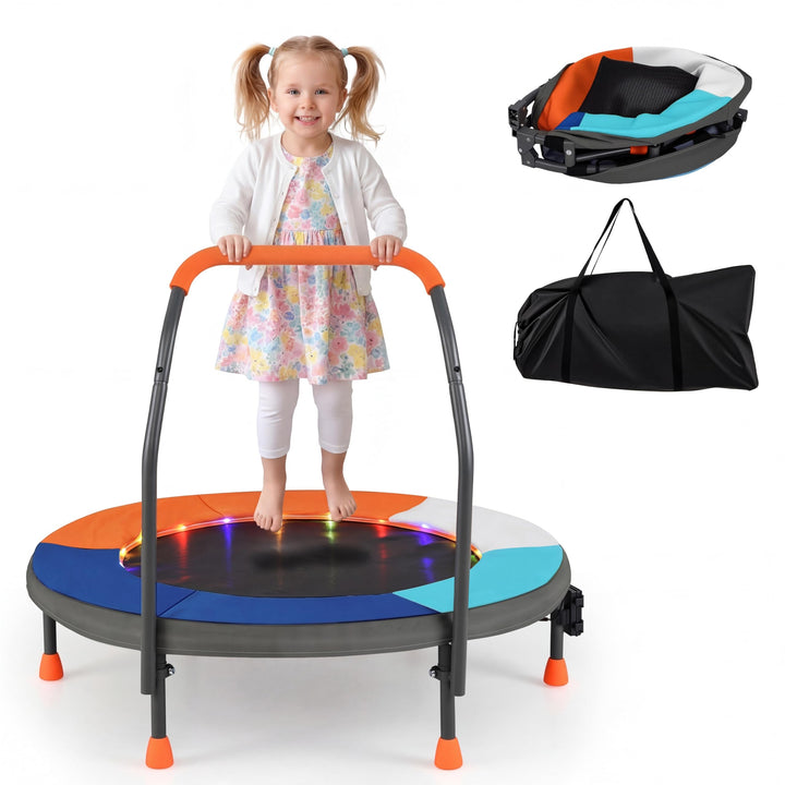COSTWAY Ø90 cm Kinder Trampolin, Minitrampolin faltbar mit LED Beleuchtung, Fitness Trampolin Indoor