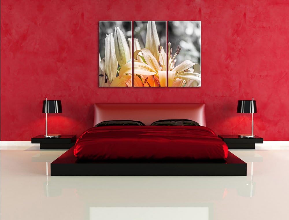 Pixxprint schöne orangene Lilien B&W Detail 3-Teiler Leinwandbild 120x80 Bild auf Leinwand