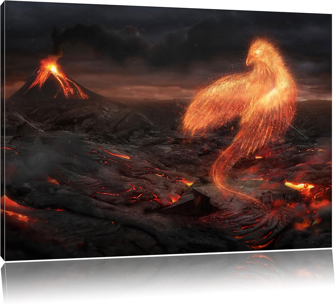 Pixxprint Brennender Phönix Vulkanlandschaft als Leinwandbild/Grösse: 100x70 cm/Wandbild/Kunstdruck/