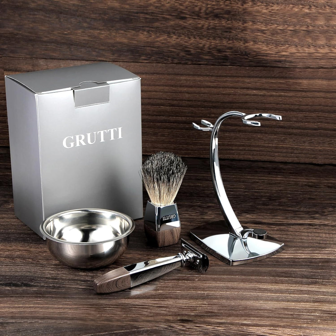 GRUTTI Vintage Deluxe Rasierset：Nassrasier-Set mit Magnet-Schale, Edelstahl Bürstenständer& Anti-Rut