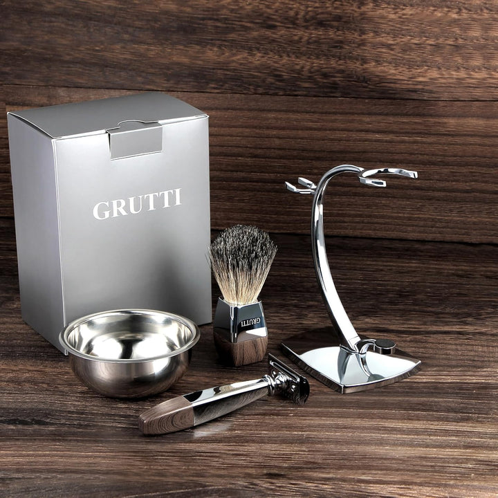 GRUTTI Vintage Deluxe Rasierset：Nassrasier-Set mit Magnet-Schale, Edelstahl Bürstenständer& Anti-Rut