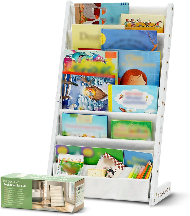 COSYLAND Bücherregal Kinder mit 6 Oxford-Stoff Fächern - Kinderbücherregal aus Naturholz - Bücherreg