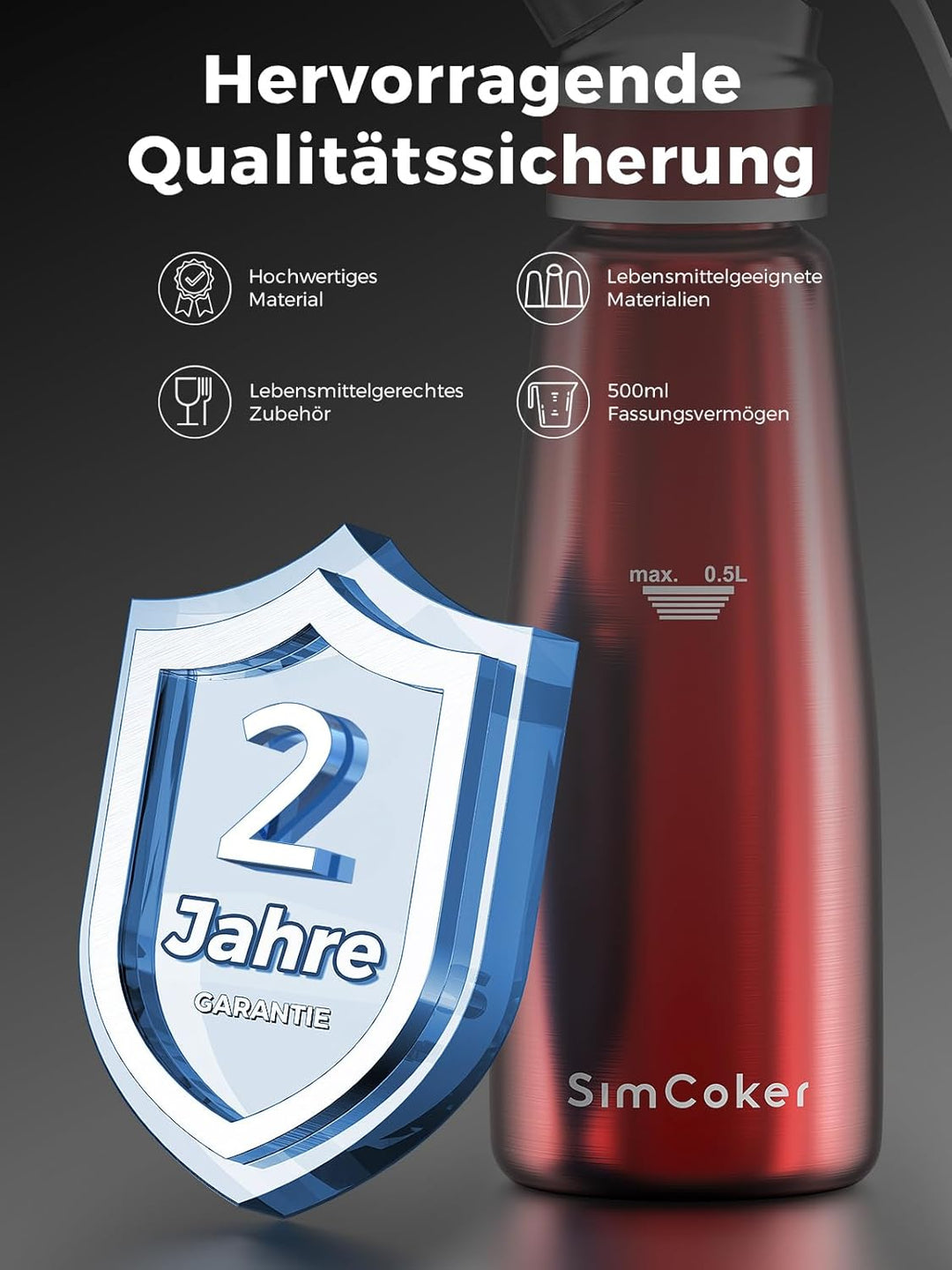 SimCoker Sahnespender 500ml, Aluminium Schlagsahnebereiter für Schlagsahne, Cremes und Sossen,Sahnes