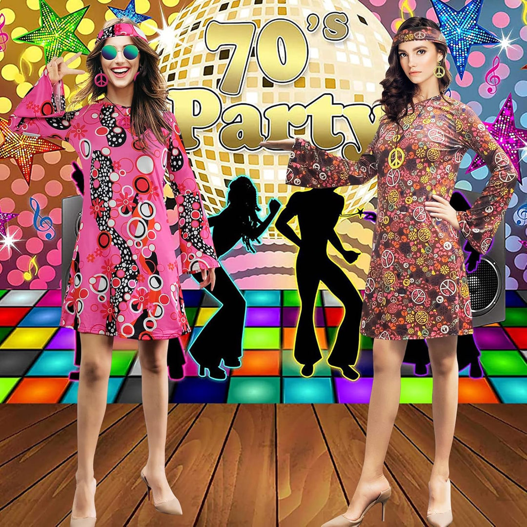MRYUWB Damen-Hippie-Kleid, 1970er-Kostüm, mit Halskette, Ohrringen, Sonnenbrille, Disco-Outfit, 1960