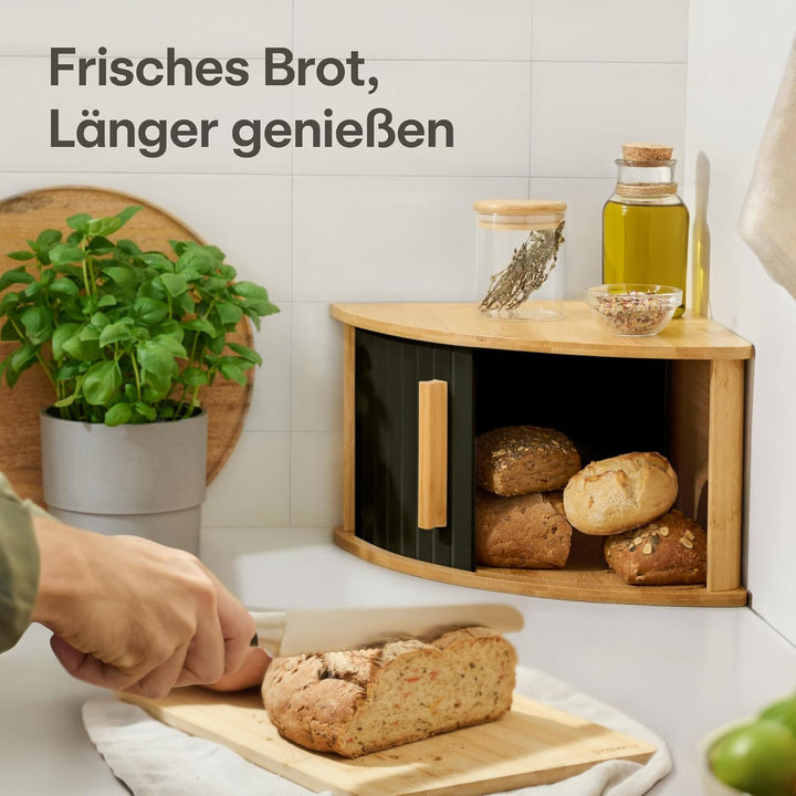 Praknu Brotkasten Ecke Holz mit Schiebetür – Platzsparende Brotbox – Hält Brot länger frisch - Einfa